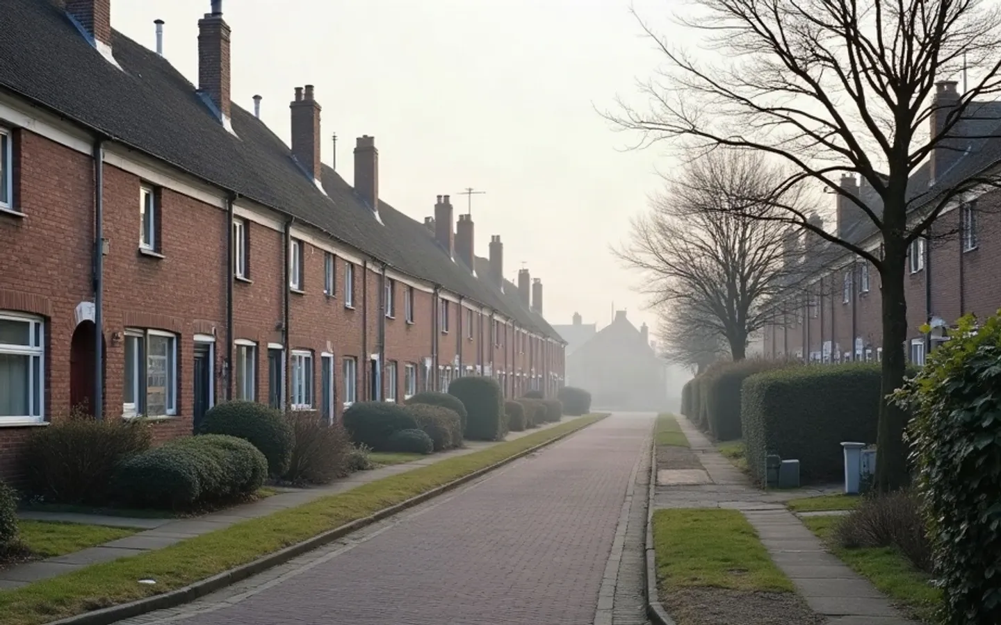 Rij bijna identieke bakstenen rijtjeswoningen in vlak winterlicht, gezien vanaf de overkant van de straat; één gevel toont verweerd metselwerk en een gerepareerde dakgoot.