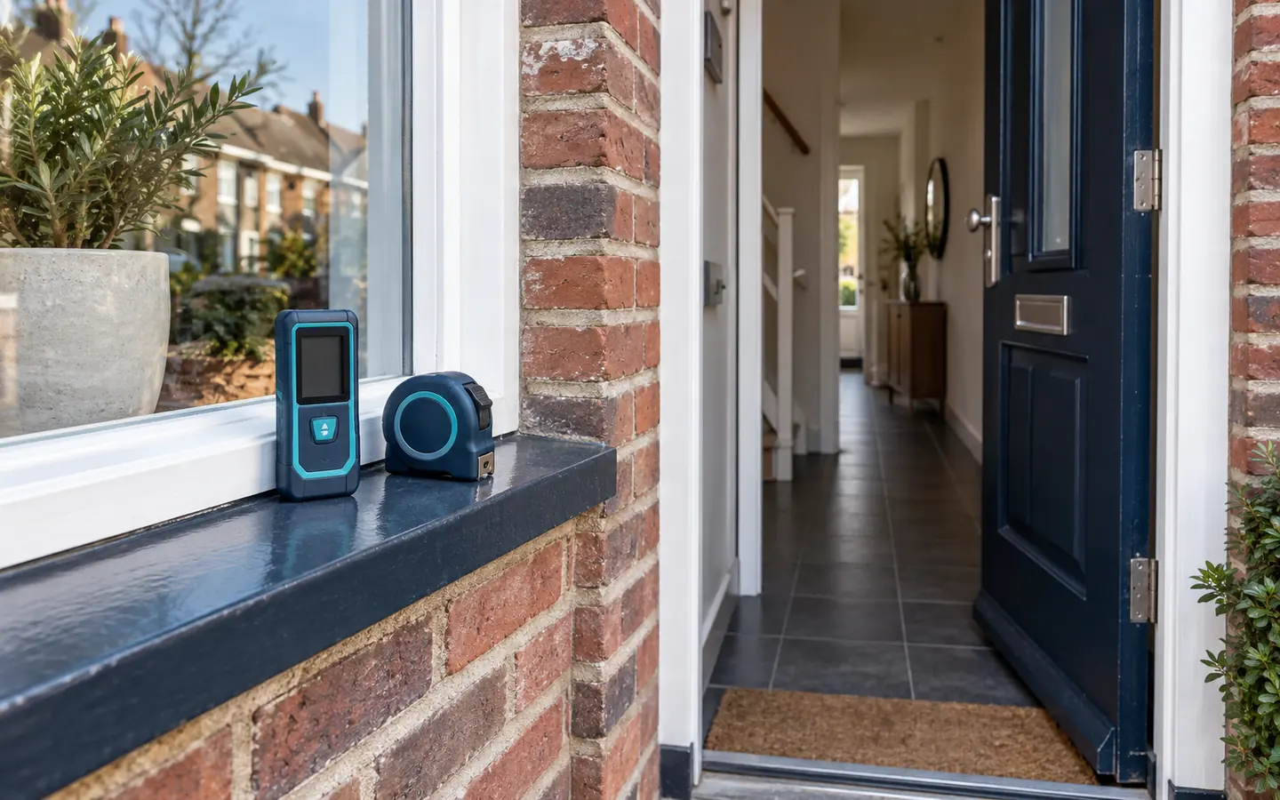 Bakstenen rijtjeswoning in zacht ochtendlicht. De voordeur staat open naar een lege betegelde gang. Op de vensterbank naast de deur liggen een laserafstandsmeter en een rolmaat.
