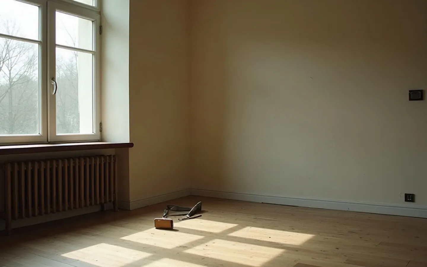 Lege woonkamer in een jaren-dertighuis met een kale houten vloer, een hoog raam met zacht ochtendlicht en een duimstok en dicht notitieboek op de vensterbank.