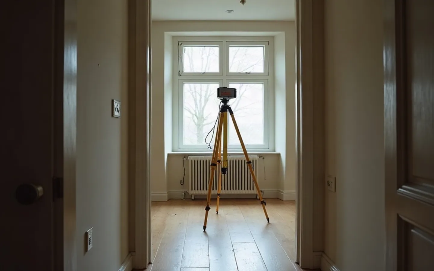 Een rij bakstenen rijtjeshuizen in de vroege ochtend, met in een voortuin een lege houten paal zonder bord en een natte stoep ervoor.