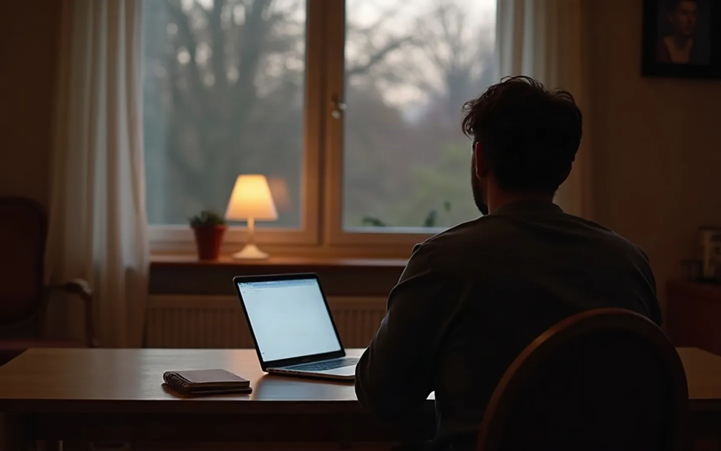 Een laptop op een tafel bij avondlicht, met een kop koffie ernaast.