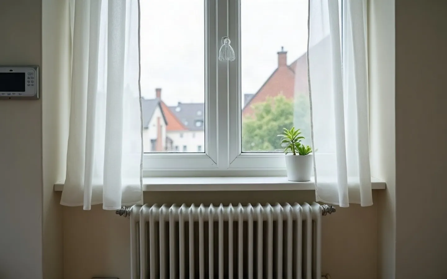 Een radiator onder een raam met een thermostaatknop in beeld.