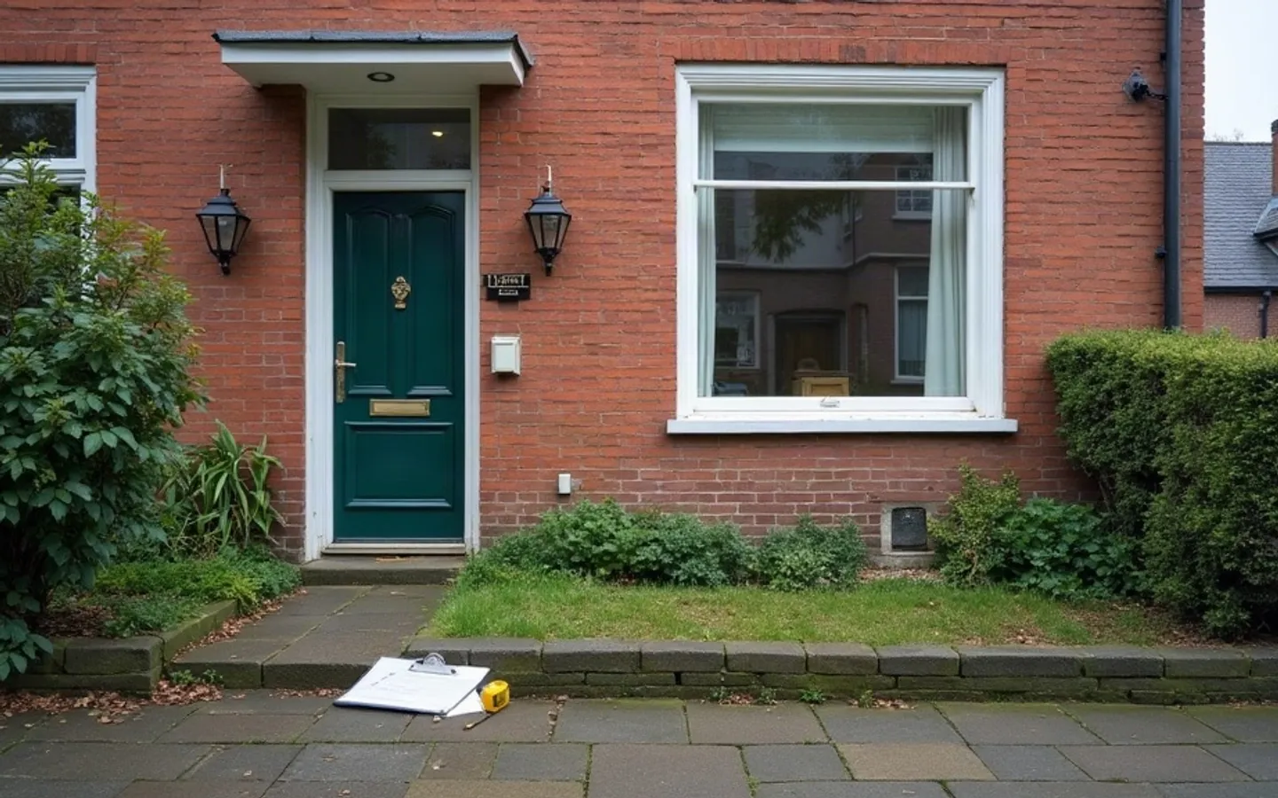 Een Nederlandse rijtjeswoning met bakstenen gevel en groot voorraam, gezien vanaf de stoep op een grijze ochtend. Op het lage tuinmuurtje bij de voordeur liggen een klembord en een rolmaat.