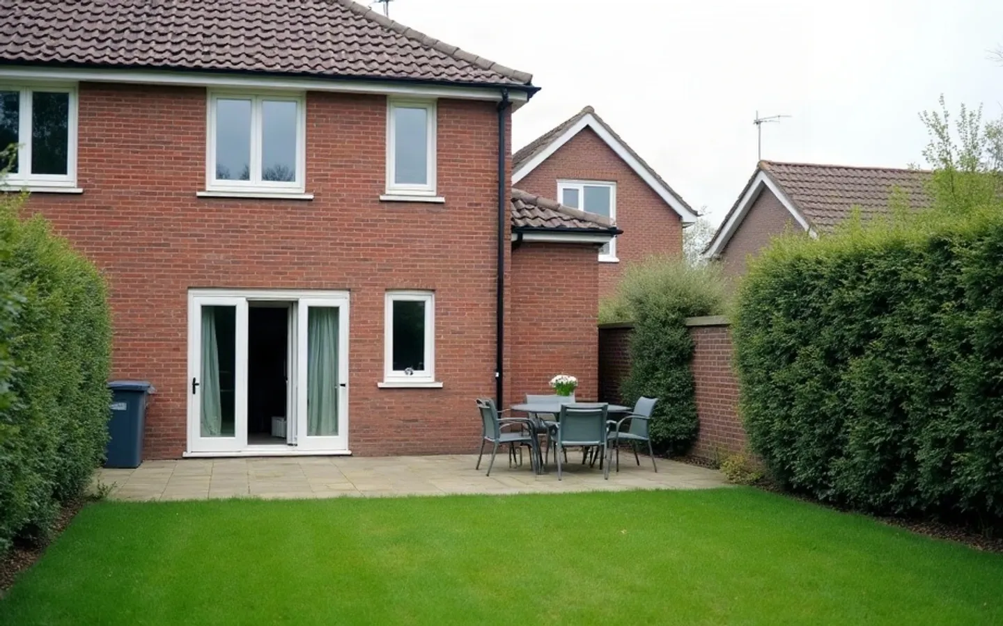 De tuinzijde van een woning, met een terras en een openslaande deur.