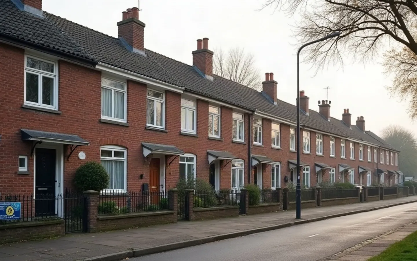 Rij vrijwel identieke bakstenen rijtjeswoningen in zacht ochtendlicht. Eén gevel is pas geschilderd en heeft nieuwe kozijnen, de gevel ernaast heeft verweerde baksteen en bladderende verf.