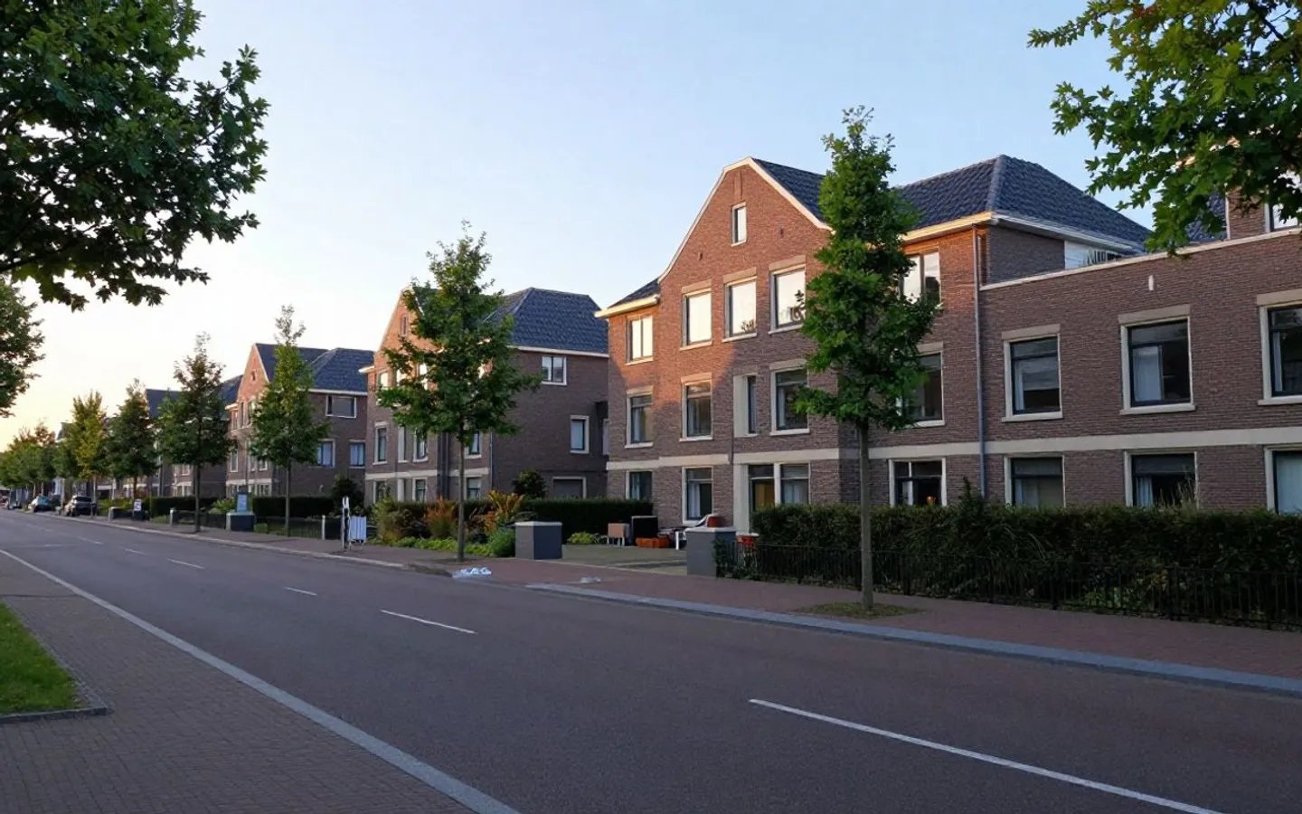 Een woonstraat die in perspectief wegloopt, met auto's langs de stoep.